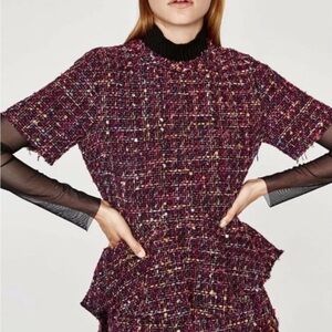 Zara Tweed Peplum Multicolor Purple Pink Raw Hem Drop Split Back Top Size XS
